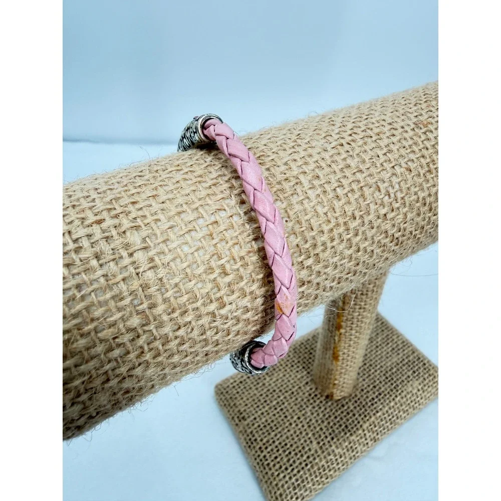 Pink Braided Woven Leather Bracelet Silver Plated Tube w/ Pink Crystals Boho OS